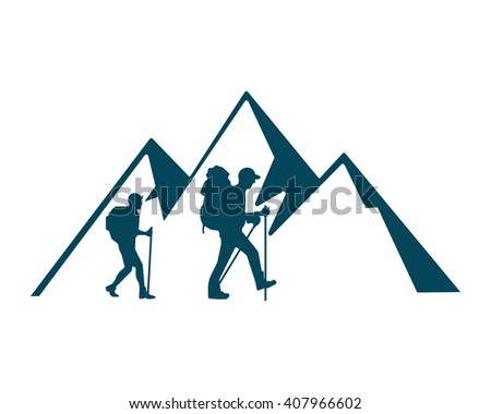 blue silhouette hike hiker hiking mountaineer camp image icon logo