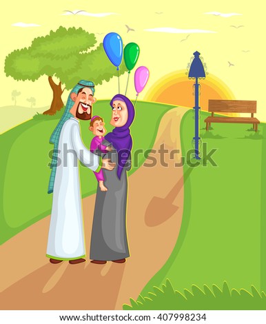 Muslim family walking with kid in vector
