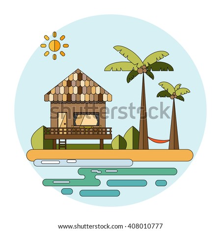 Bungalow with palm trees-vector illustration. Tropical bungalow in flat style. Summer beach with bungalow and palm trees-vector stock.