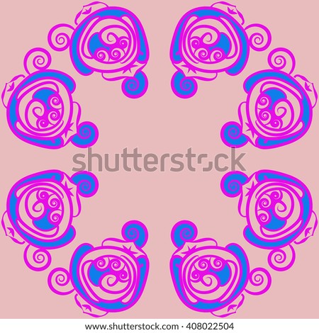 Circular pattern of floral motif, doodles, stylized rosy, leaves, spirals,  copy space. Hand drawn.