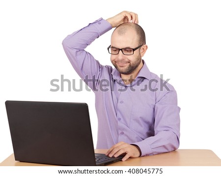 Funny photo of businessman bald with beard wearing shirt and glasses.  angry businessman working with laptop at table. Isolated on white background 