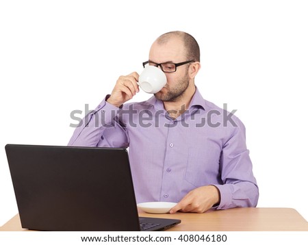 Busy man with beard in glasses thinking over laptop with  on the table. With a Cup of coffee.Isolated on white background