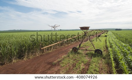 Drone monitoring a sugar cane field with pivot and some corn windrows - sunny day in Brazil