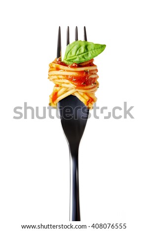silver fork with pasta, tomatoes sauce and basil leaf isolated on white background Royalty-Free Stock Photo #408076555