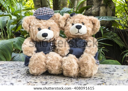 couple teddy bears picnic in garden, love concept