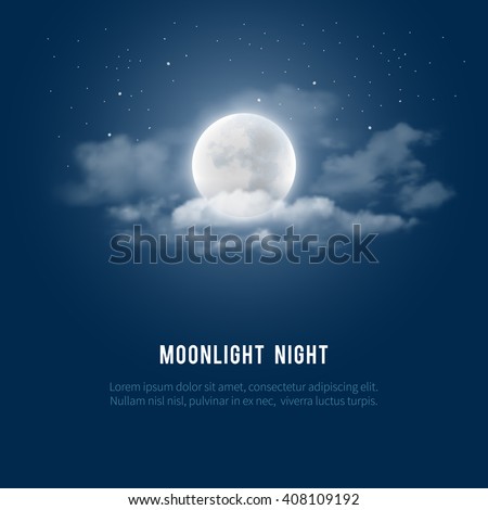 Mystical Night sky background with full moon, clouds and stars. Moonlight night. Vector illustration. Royalty-Free Stock Photo #408109192