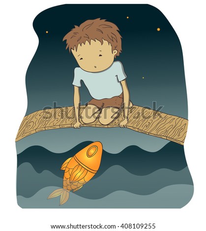 Vector hand drawn illustration. Boy who found a Golden Fish