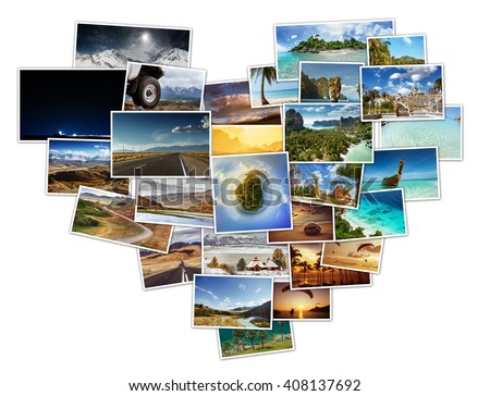 Collage of travel photos located in shape of heart