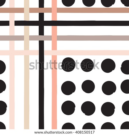 Cute vector geometric seamless pattern . Polka dots and stripes. Brush strokes. Hand drawn grunge texture. Abstract forms. Endless texture can be used for printing onto fabric or paper.