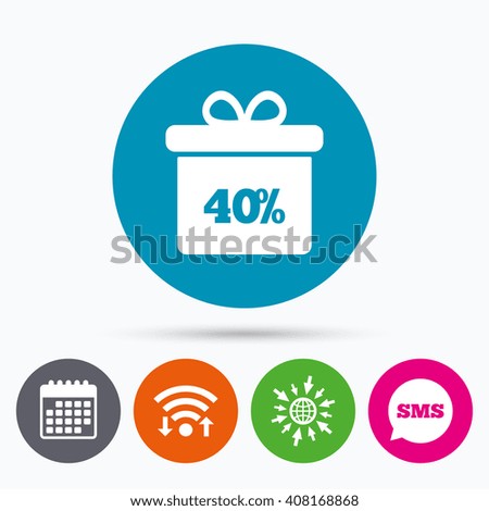 Wifi, Sms and calendar icons. 40% sale gift box tag sign icon. Discount symbol. Special offer label. Go to web globe.