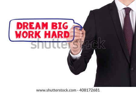Hand writing a word DREAM BIG WORK HARD on white board