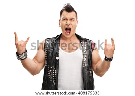 Excited punk rocker making rock hand gesture and looking at the camera isolated on white background Royalty-Free Stock Photo #408175333