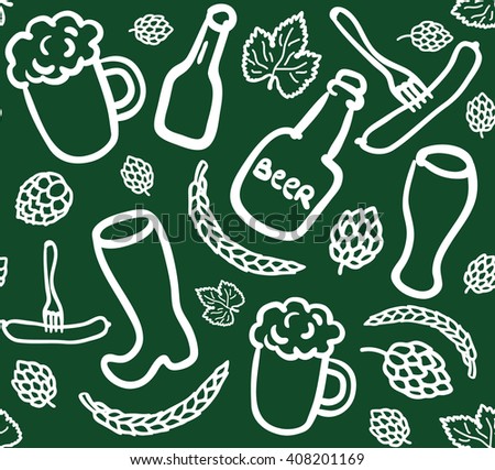 Seamless beer pattern with bottles, cups, glasses, sausages, hop cones and ears of wheat in sketch style. Dark green vector background with simple beery doodles. EPS 10 ilustration.