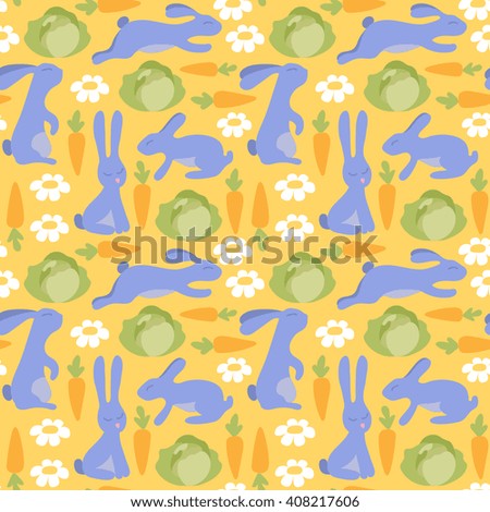 Rabbits with carrots, cabbage and flowers. Seamless vector pattern. Animal background with cute cartoon bunnies.