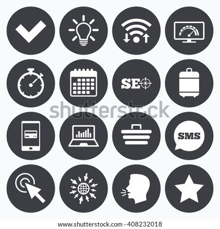 Wifi, calendar and mobile payments. Internet, seo icons. Bandwidth speed, online shopping and tick signs. Favorite star, notebook chart symbols. Sms speech bubble, go to web symbols.