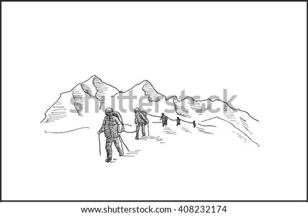 Highland mountain landscape with mountaineers climbs a snowy ridge, for extreme climbing sport, adventure and  travel  design
