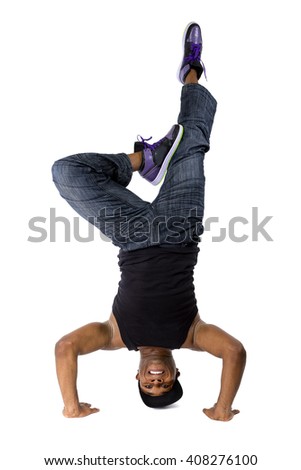 Hip hop breakdancer or dance workout instructor balancing upside down