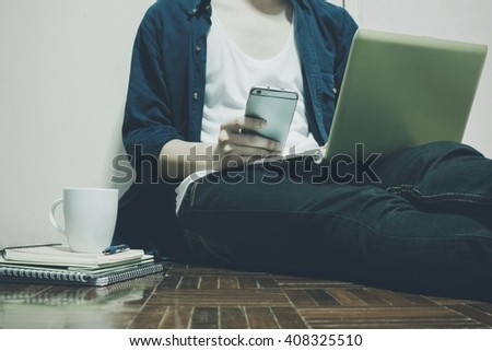 Business man With Work in morning And Mobile Phone  (Vintage)