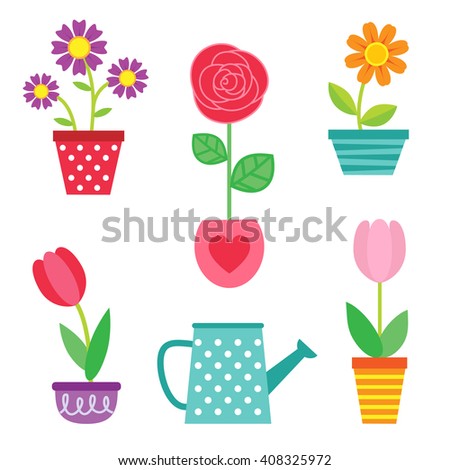 Cute set of flowers in pots and watering can