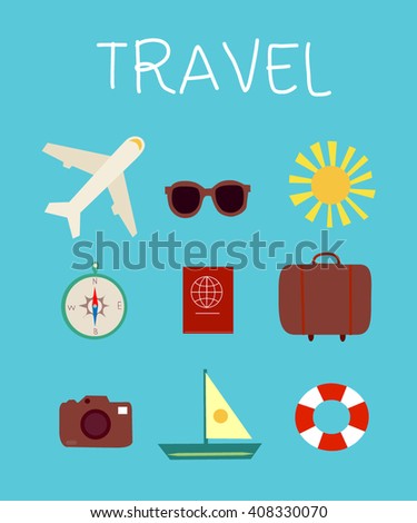 set icons travel. Flat design style modern vector illustration icons set of traveling on airplane, planning a summer vacation, tourism and journey objects and passenger luggage. 