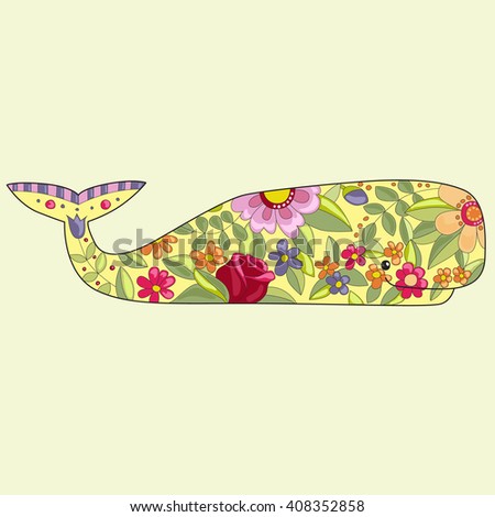 Whale in flowers. Colorful illustration for design