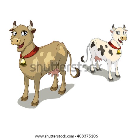 Vector isometric cartoon cute characters - white and earth yellow smiling cows on white isolated background