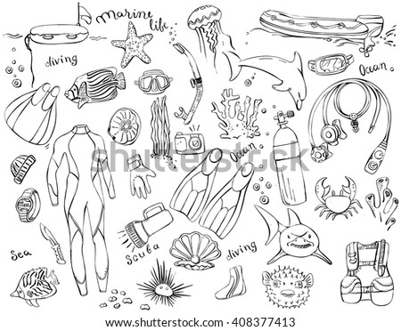 Hand drawn doodles of scuba diving equipment and marine creatures.