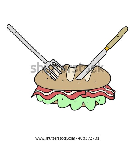 freehand drawn cartoon knife and fork cutting huge sandwich