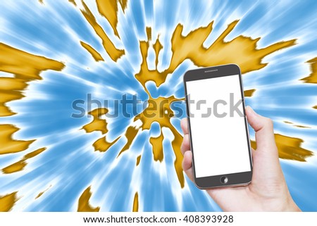 Man hand holding mobile smart phone with abstract blue light motion blur background