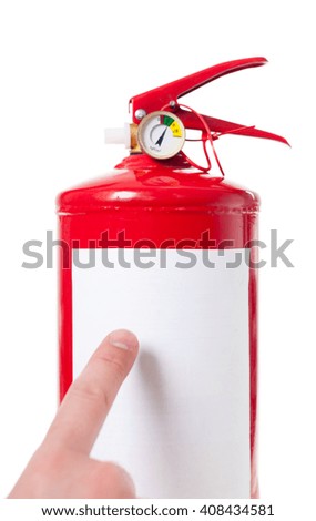 Man using fire extinguisher isolated on white