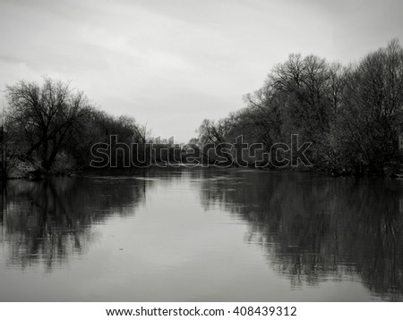 The flow of the river to the black and white image Royalty-Free Stock Photo #408439312