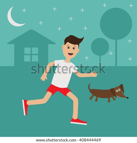 Cartoon running guy Dachshund dog.  Night summer time. House, tree silhouette Stars shining Run boy Jogging man Runner outside Fitness cardio workout Running male character Flat 
