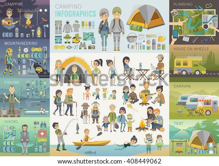 Camping Infographic set with people and objects. Vector illustration.