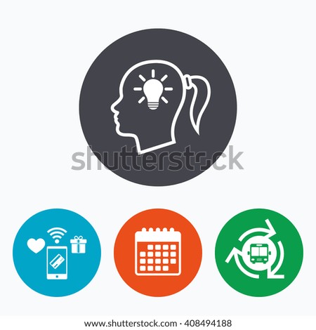 Head with lamp bulb sign icon. Female woman human head idea with pigtail symbol. Mobile payments, calendar and wifi icons. Bus shuttle.