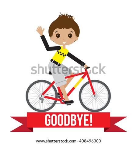 Boy riding a bike. Goodbye ribbon. 