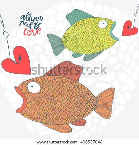 Vector cute abstract hand drawing fish with fishing hook romantic love card background