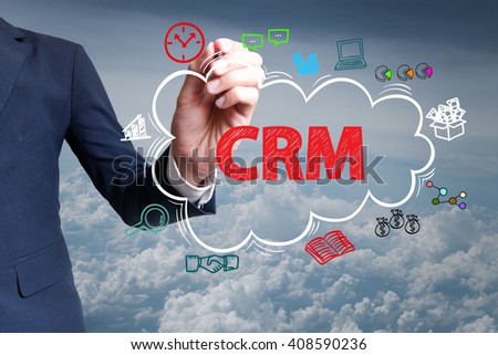 businessman hand draw cloud , icon cartoon with CRM  text 