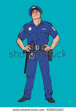 Police officer standing to his full height, color illustration of man in the service, smug cop, blue uniforms, arms on hips, hand-drawn sketch