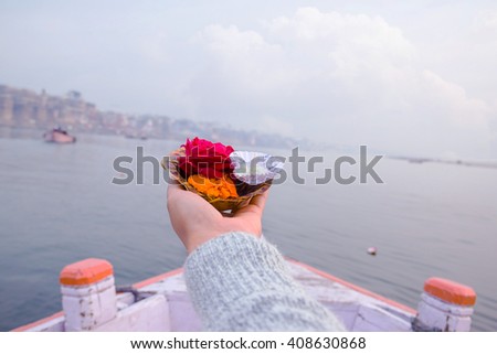Puja ceremony on the banks of Ganga river in Haridwar, India Royalty-Free Stock Photo #408630868