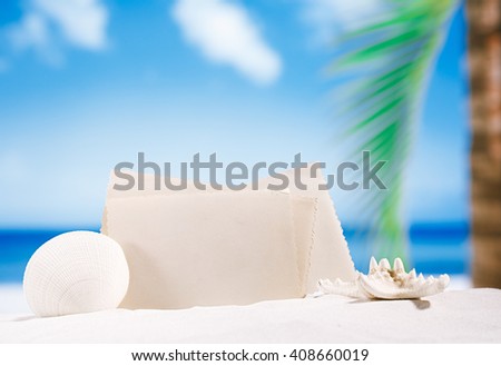 blank retro photo on white sand beach, sky and seascape, shallow dof