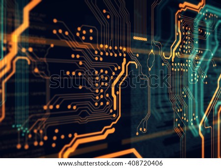 Abstract technological background made of different element printed circuit board. Depth of field effect and bokeh. Printed circuit board in the server  executes the data. 3d rendering