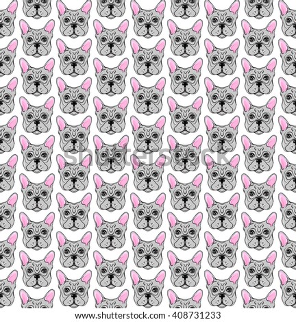Stylish vector with French Bulldog. Seamless pattern with dogs. Hipster background. Fashionable print fabric. Creative design for wallpaper, wrapping paper, textile, notebook.