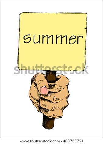 Hand hold plate with sign Summer. Hand drawn vector illustration.