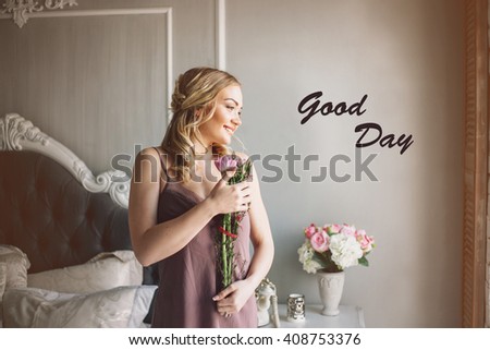Good day. Woman near window with flowers. Dream and relax.