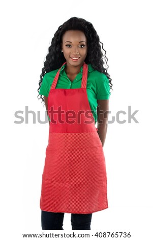 Apron woman. Friendly African female model isolated on white background