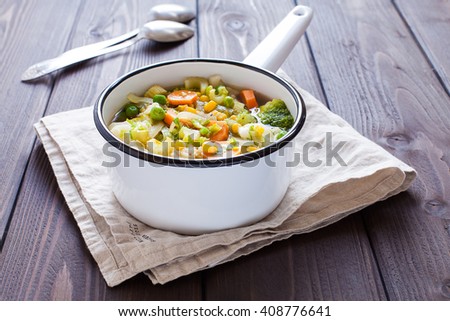 Vegetable soup in saucepan