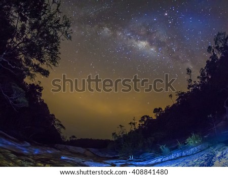 Scenery of milkyway at the middle of the night over the Rain Forest. ( Visible noise due to high ISO, soft focus, shallow DOF, slight motion blur)