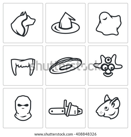 Set of Fear Icons. Werewolf, Witch, Ghost, Vampire, UFO, Cannibal, Criminal, Maniac, Rat. Wolf, Cap, Ghost, Tusks, Flying Saucer, Savage, Balaklava, Chainsaw, Mouse.