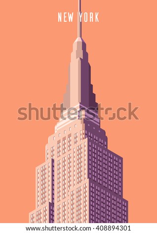 Vector illustration. Poster.Empire state building high-rise building, tourist attraction in the isometric perspective in New York. Cartoon style. Royalty-Free Stock Photo #408894301