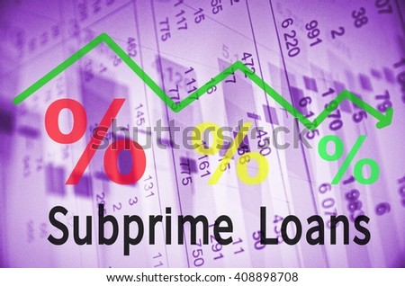 Green Down Trend Arrow with percent symbols and inscription Subprime Loans